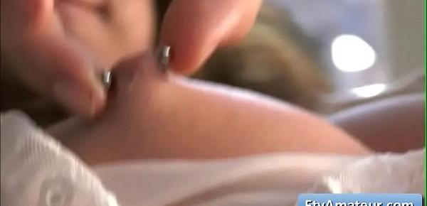  Sexy busty teen amateur blonde Aveline play with her big pierced boobs and show her nice booty